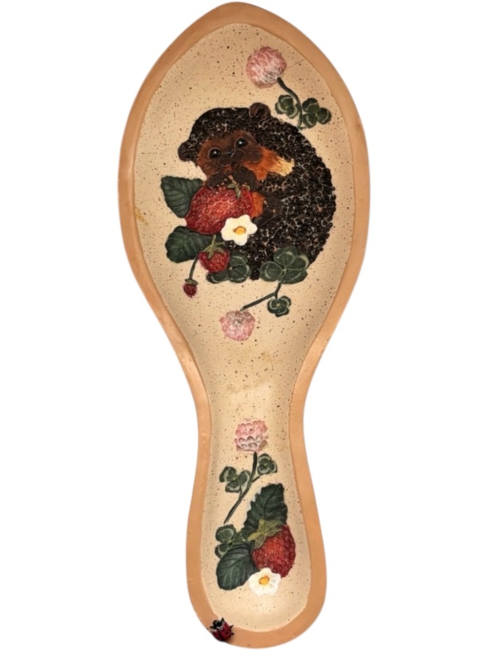 BRAMBLE & CLOVER Ceramic Spoon Rest with Strawberry & Hedgehog Motif - Beige